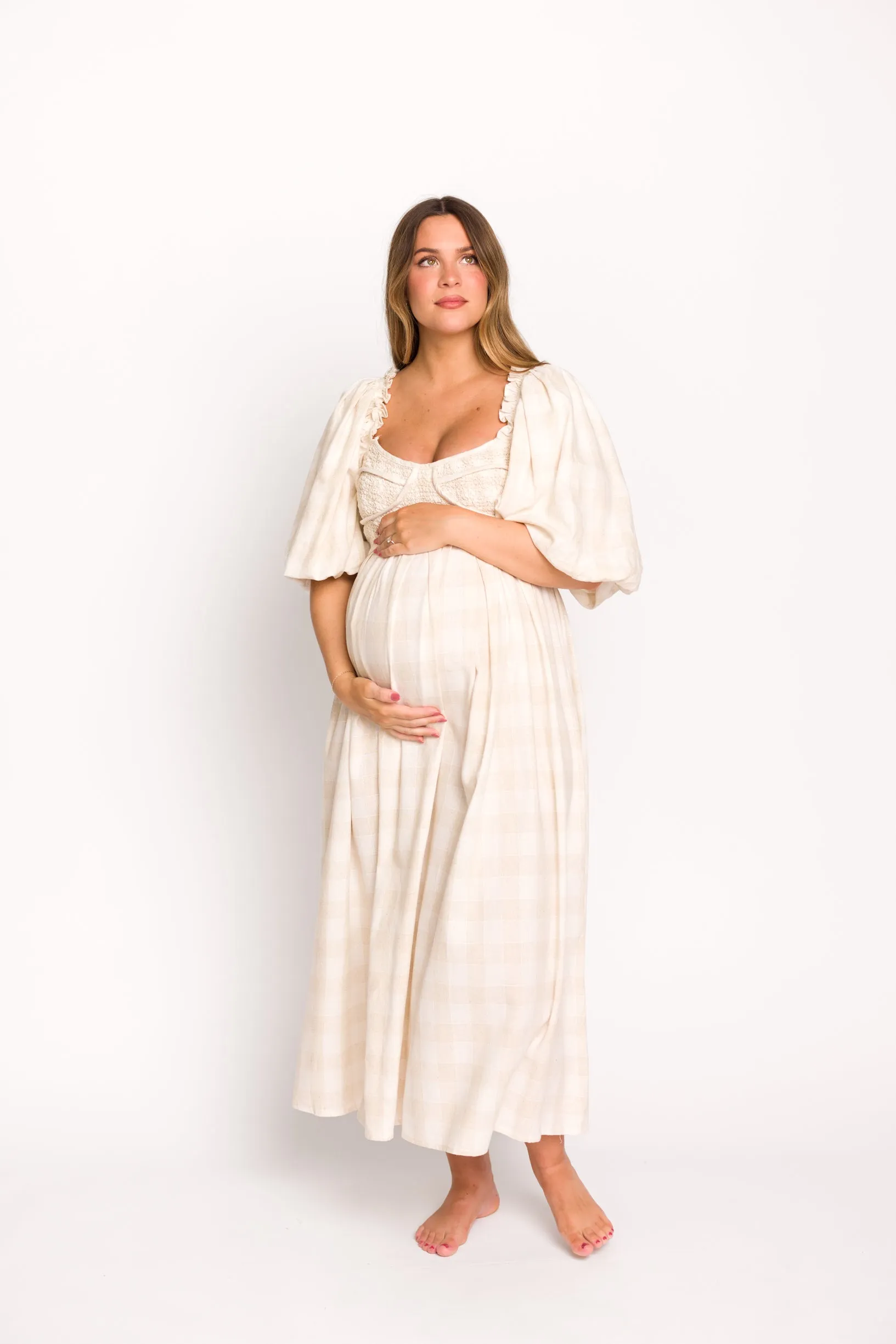 Harlow Maxi Dress in Natural Plaid with Stretchy Neckline - Bump Friendly (S-XL)