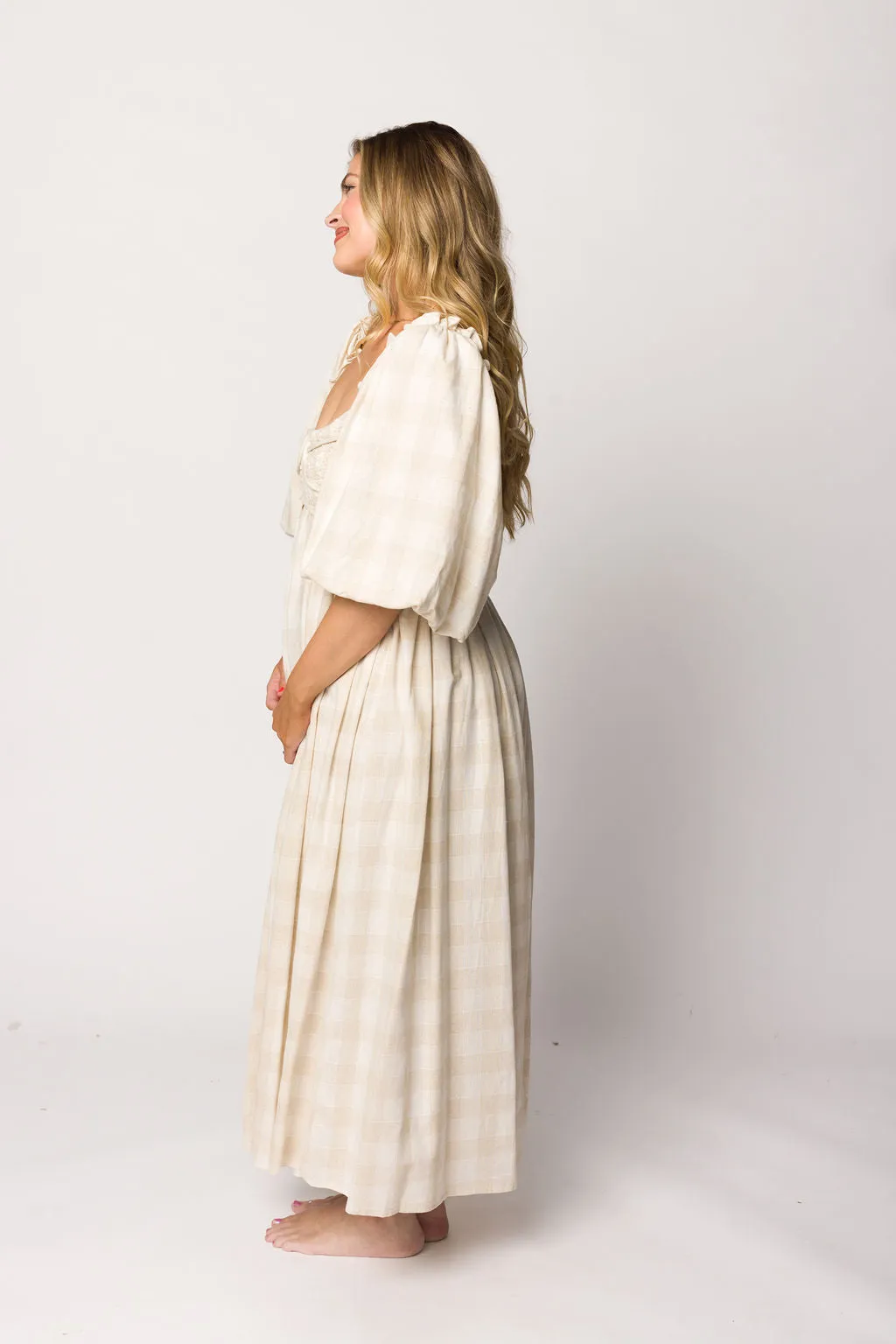 Harlow Maxi Dress in Natural Plaid with Stretchy Neckline - Bump Friendly (S-XL)