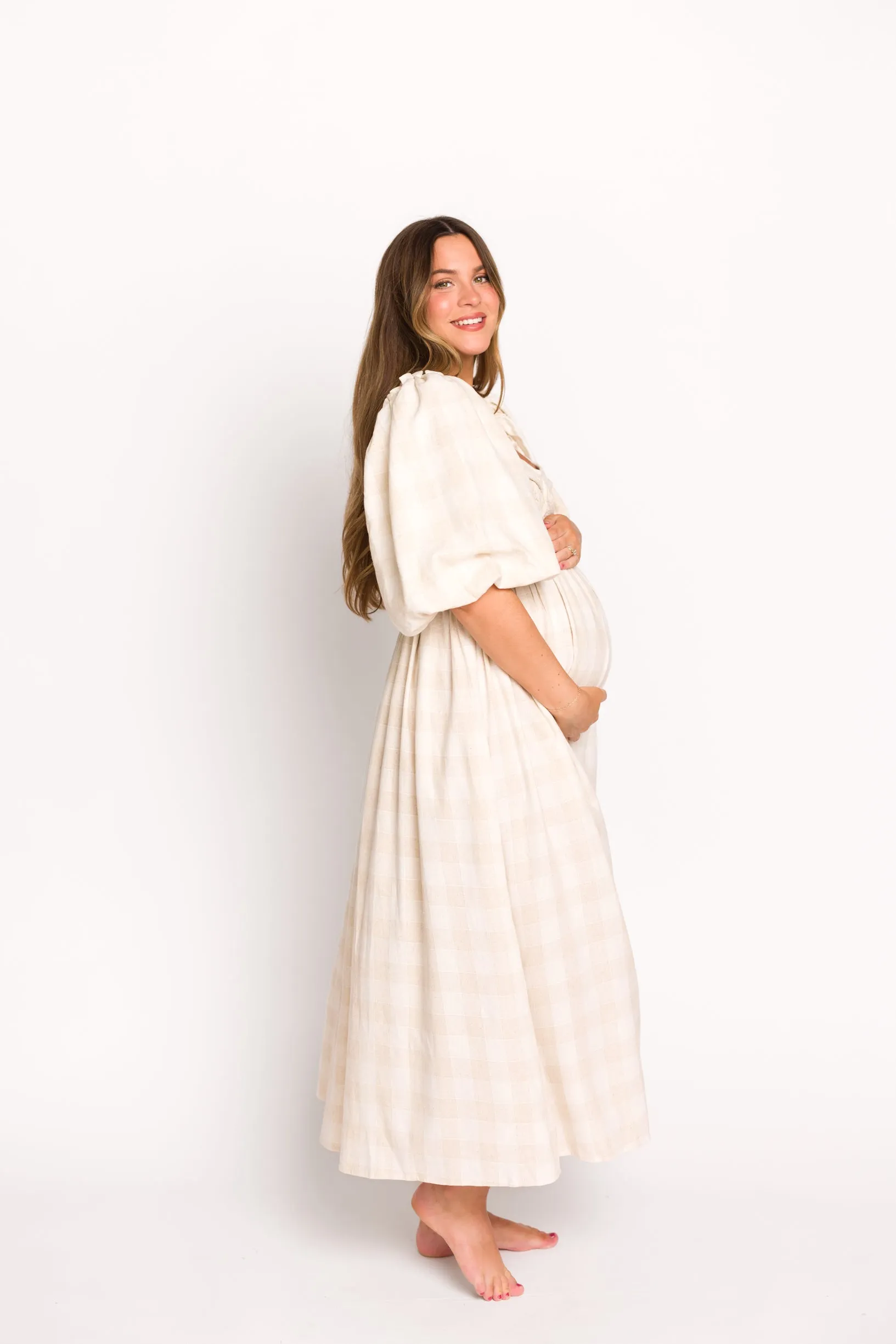 Harlow Maxi Dress in Natural Plaid with Stretchy Neckline - Bump Friendly (S-XL)