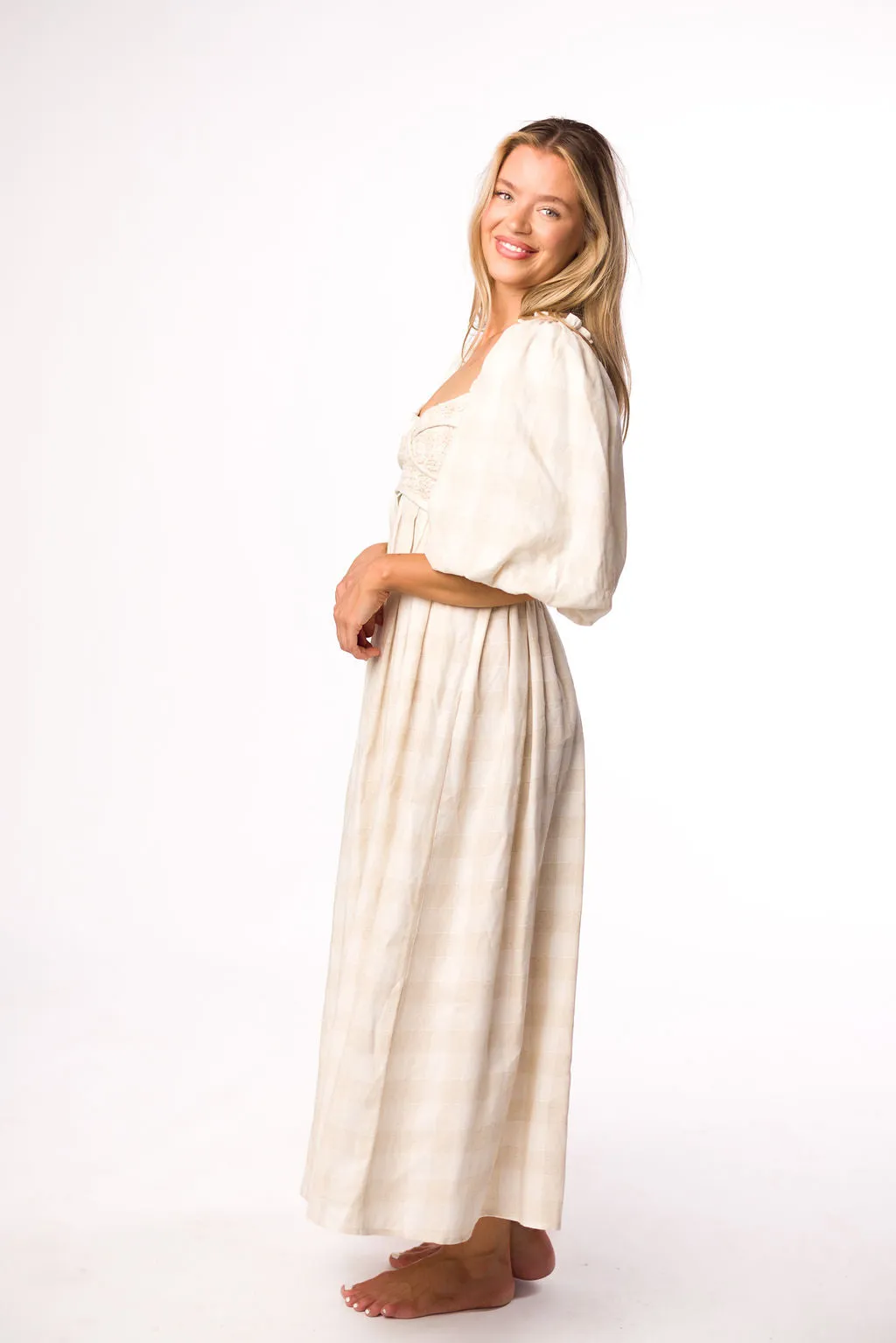 Harlow Maxi Dress in Natural Plaid with Stretchy Neckline - Bump Friendly (S-XL)