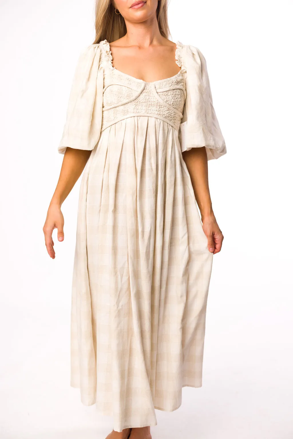 Harlow Maxi Dress in Natural Plaid with Stretchy Neckline - Bump Friendly (S-XL)