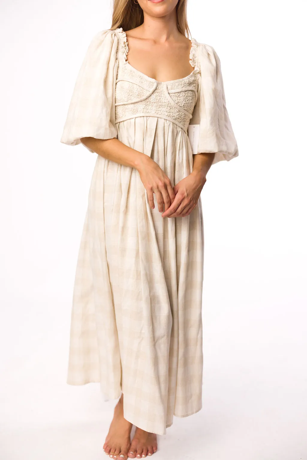 Harlow Maxi Dress in Natural Plaid with Stretchy Neckline - Bump Friendly (S-XL)