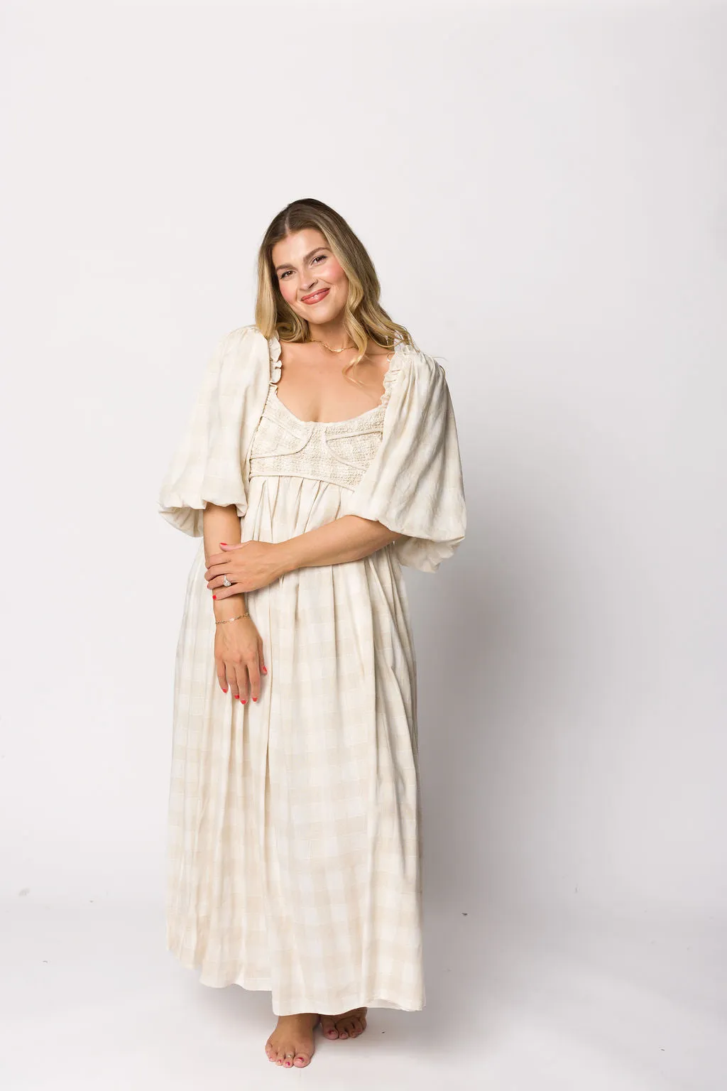 Harlow Maxi Dress in Natural Plaid with Stretchy Neckline - Bump Friendly (S-XL)