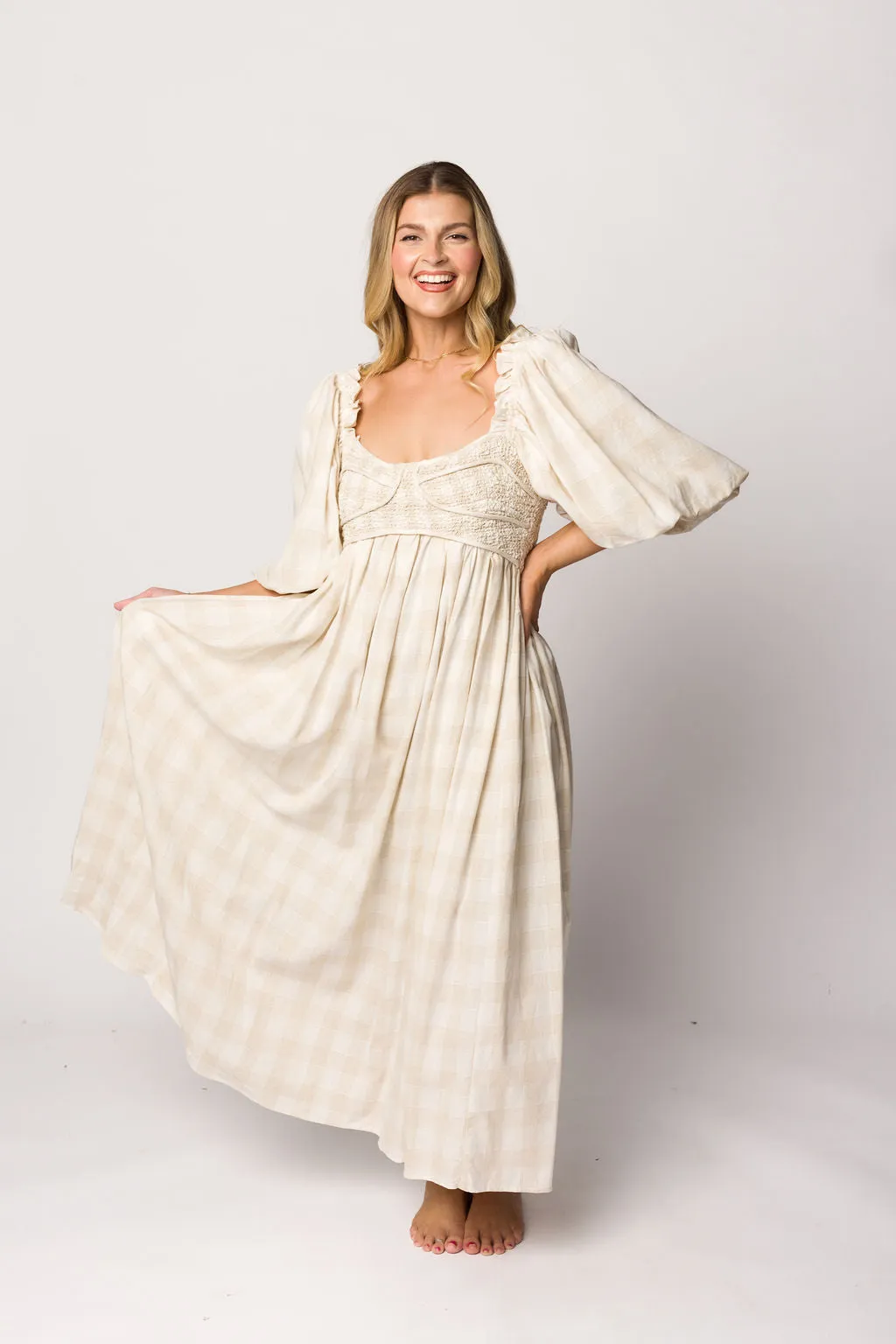 Harlow Maxi Dress in Natural Plaid with Stretchy Neckline - Bump Friendly (S-XL)