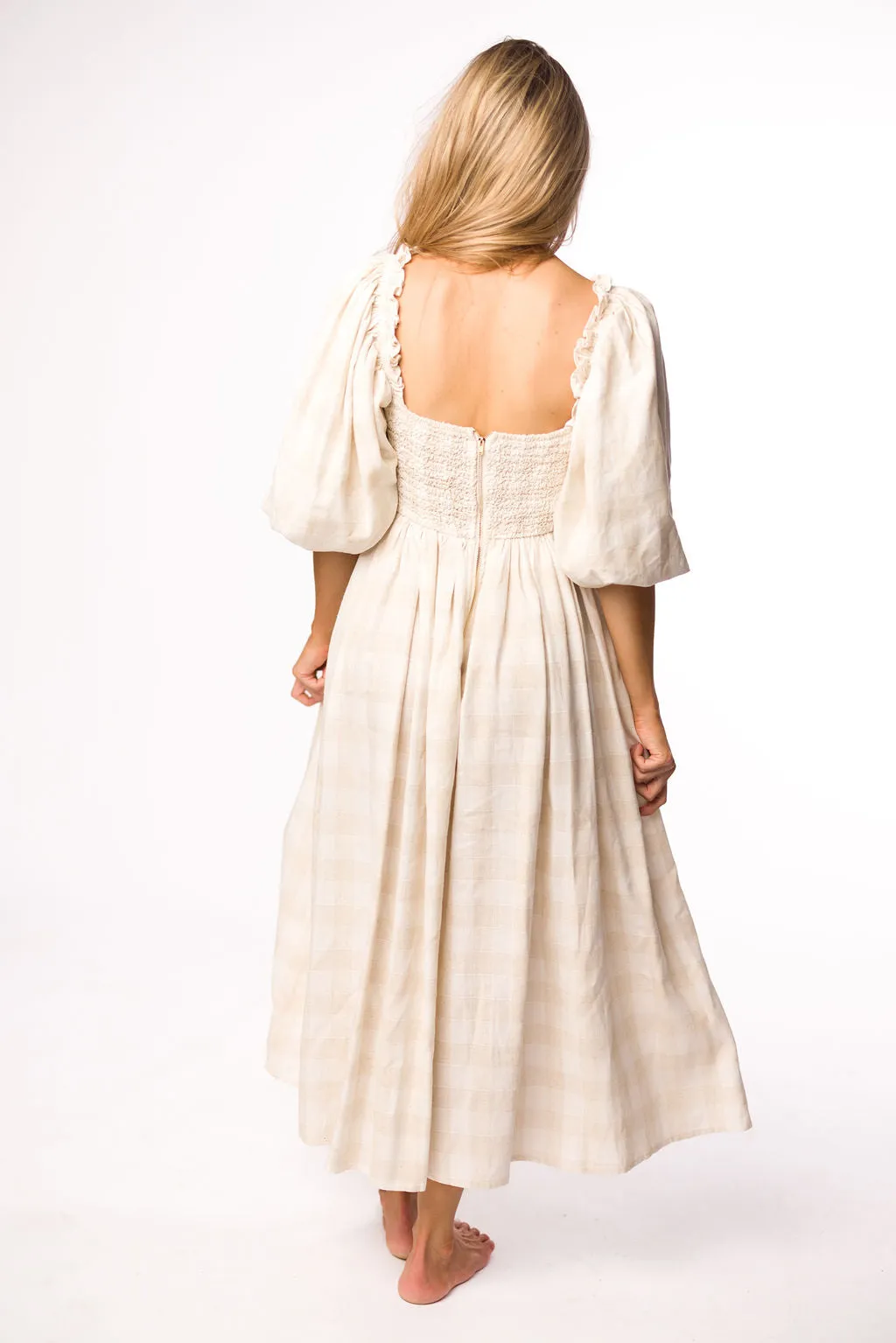 Harlow Maxi Dress in Natural Plaid with Stretchy Neckline - Bump Friendly (S-XL)