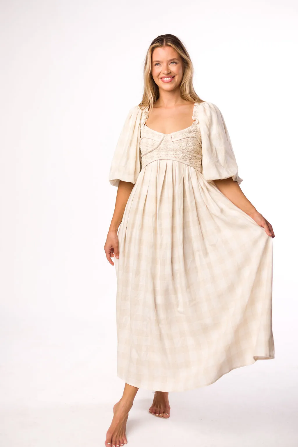 Harlow Maxi Dress in Natural Plaid with Stretchy Neckline - Bump Friendly (S-XL)