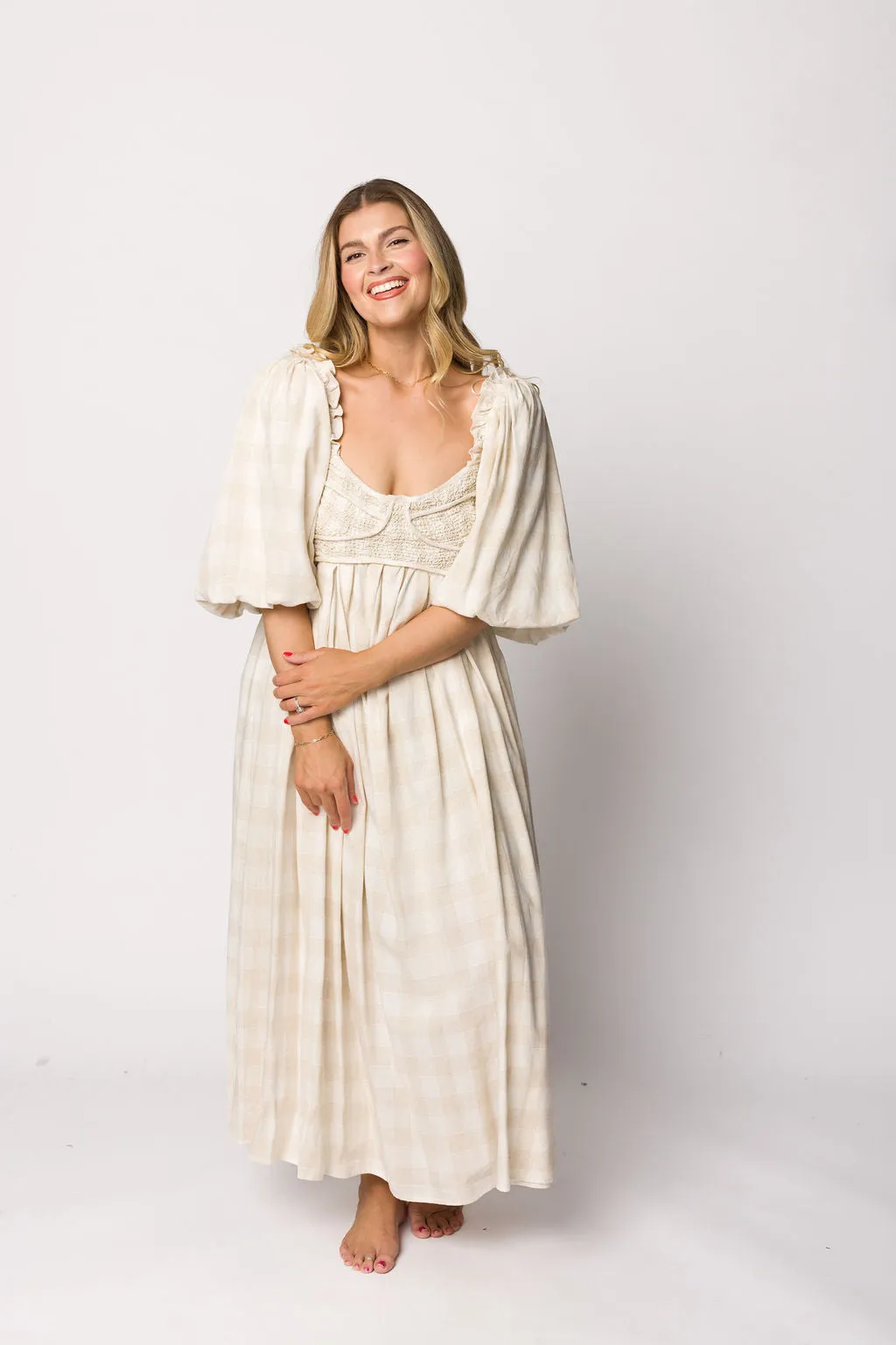 Harlow Maxi Dress in Natural Plaid with Stretchy Neckline - Bump Friendly (S-XL)