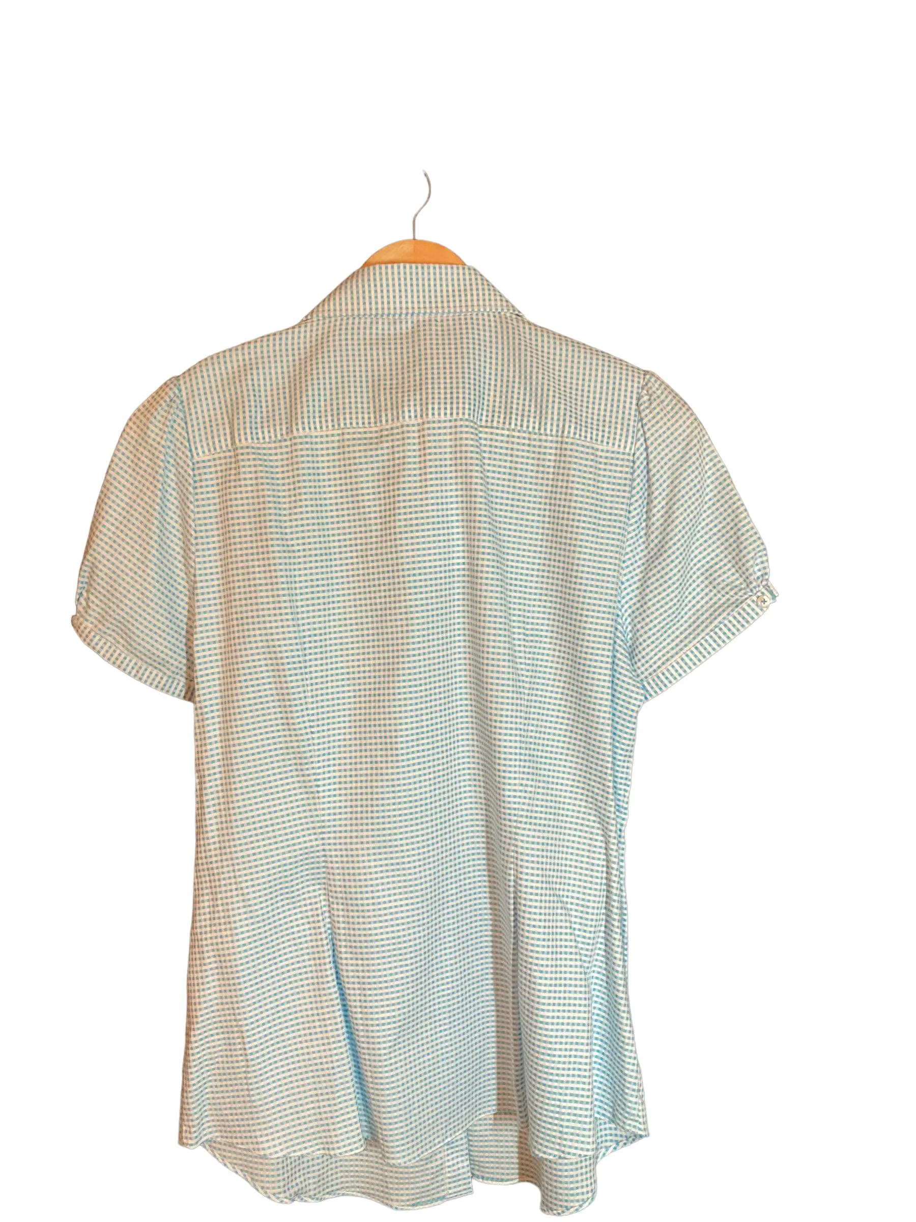 Hawes & Curtis Cotton Turquoise Blue Checked Fitted Short Sleeved Blouse UK Size 12