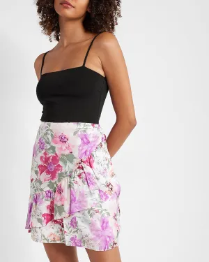 High Waisted Floral Asymmetrical Ruffle Mini Skirt in White Print