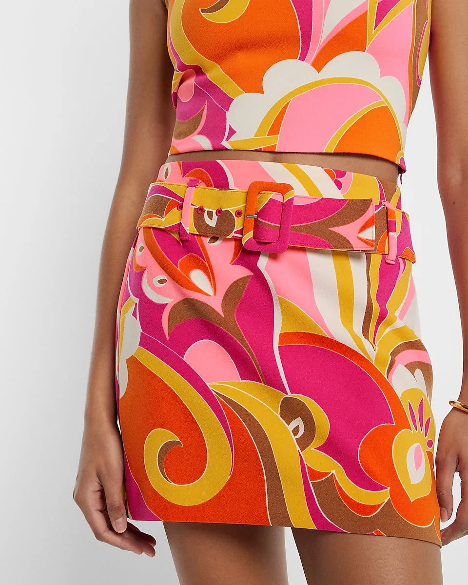 High Waisted Printed Belted Mini Skirt in Multi