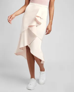 High Waisted Satin Ruffle Front Midi Skirt in Pale Peony