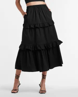 High Waisted Tiered Ruffle Midi Skirt in Pitch Black