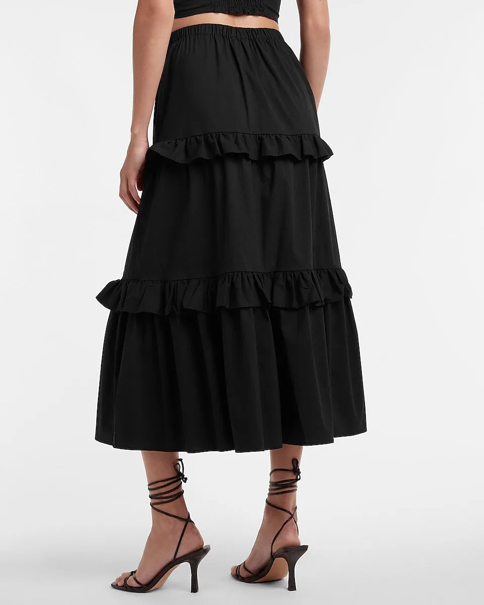 High Waisted Tiered Ruffle Midi Skirt in Pitch Black