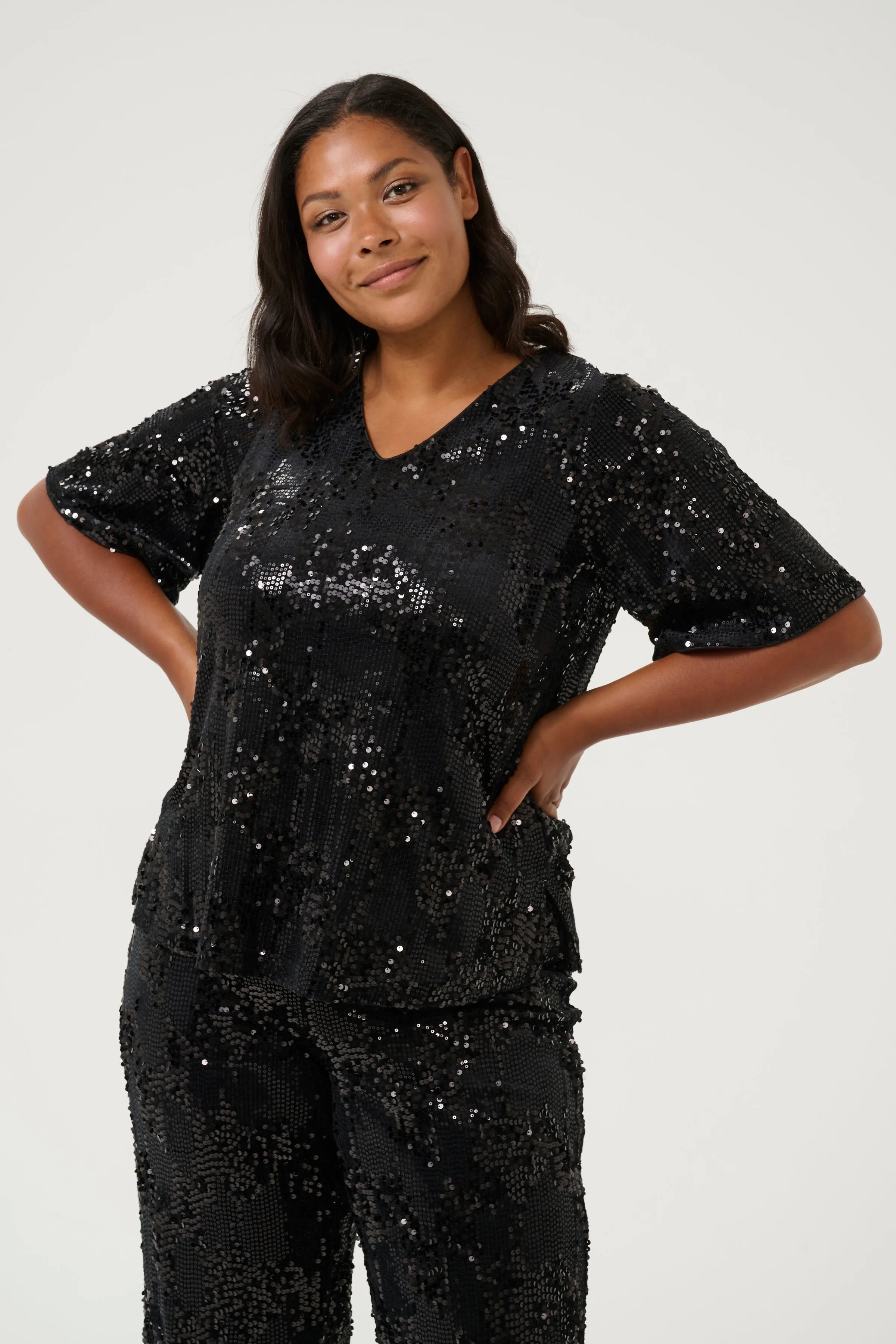 Kaffe Curve Nicoleen Sequin Blouse in Black