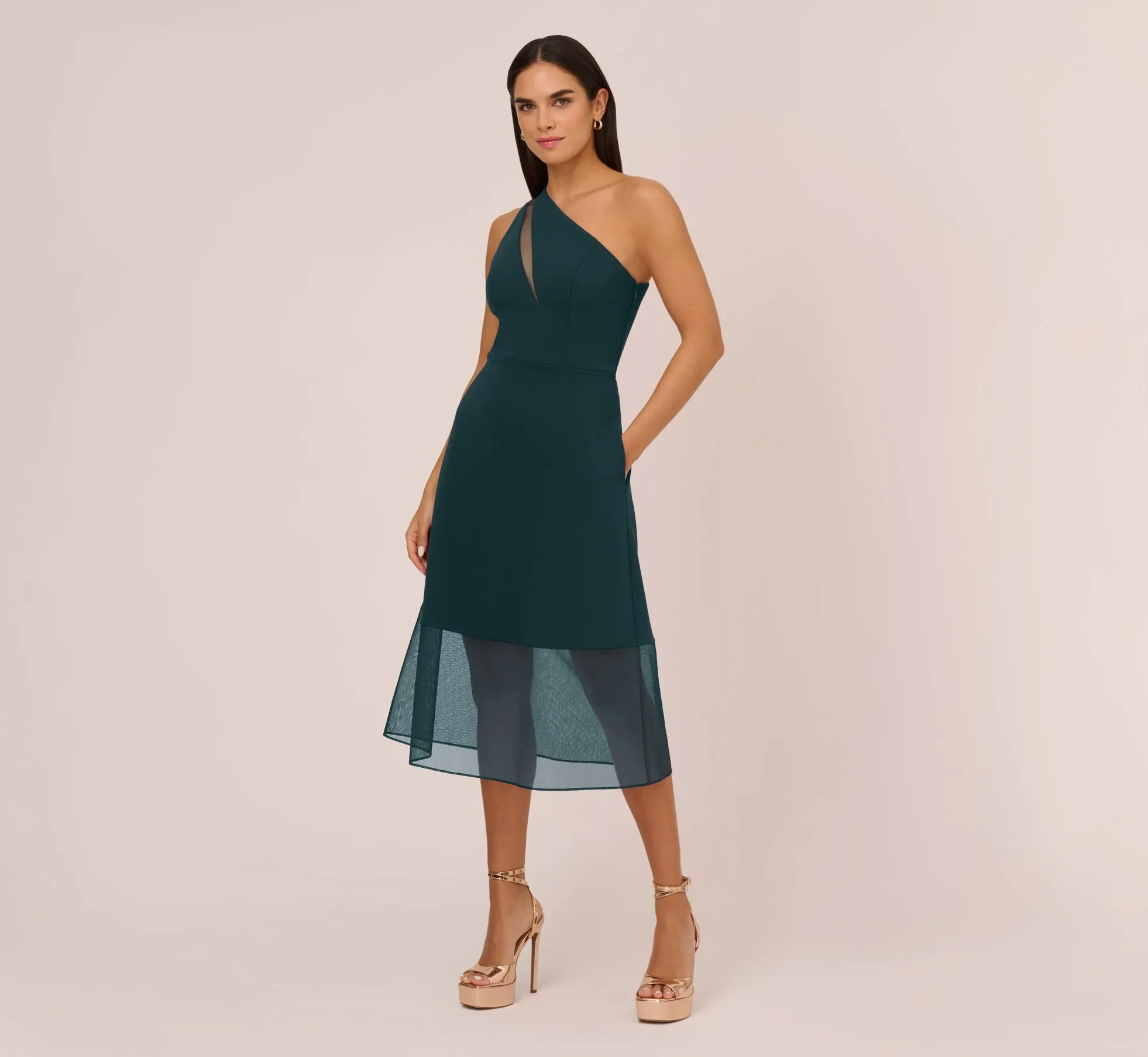 Knit Crepe One Shoulder Dress With Sheer Cutout And Skirt In Forest