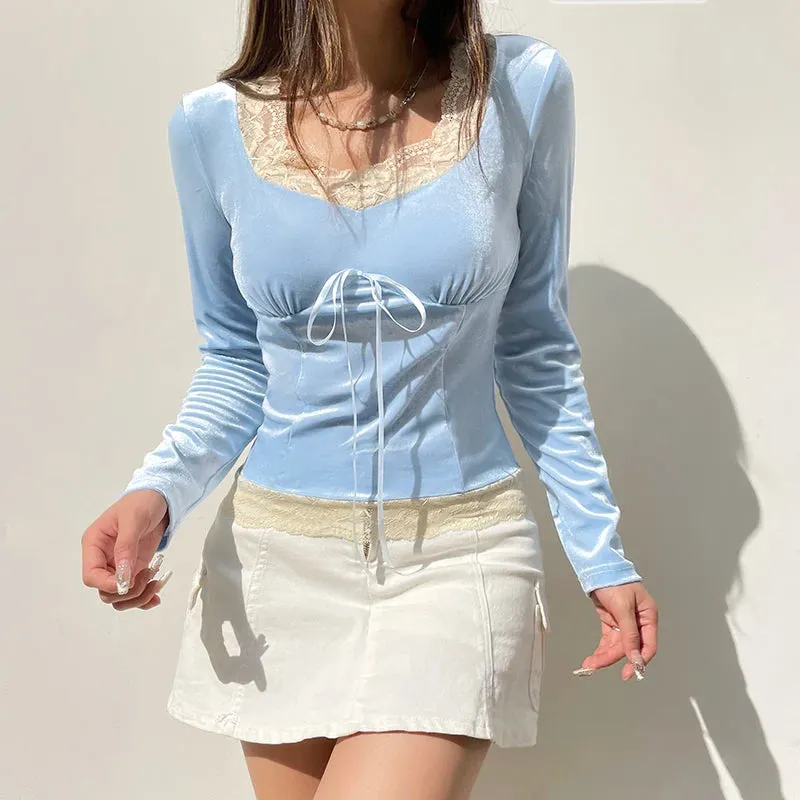 Korean Sweet Blue Velour Autumn T shirt Female Bow Lace Patched Slim Fashion Pullover Coquette Clothes Lolita Top New