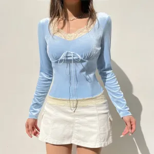 Korean Sweet Blue Velour Autumn T shirt Female Bow Lace Patched Slim Fashion Pullover Coquette Clothes Lolita Top New