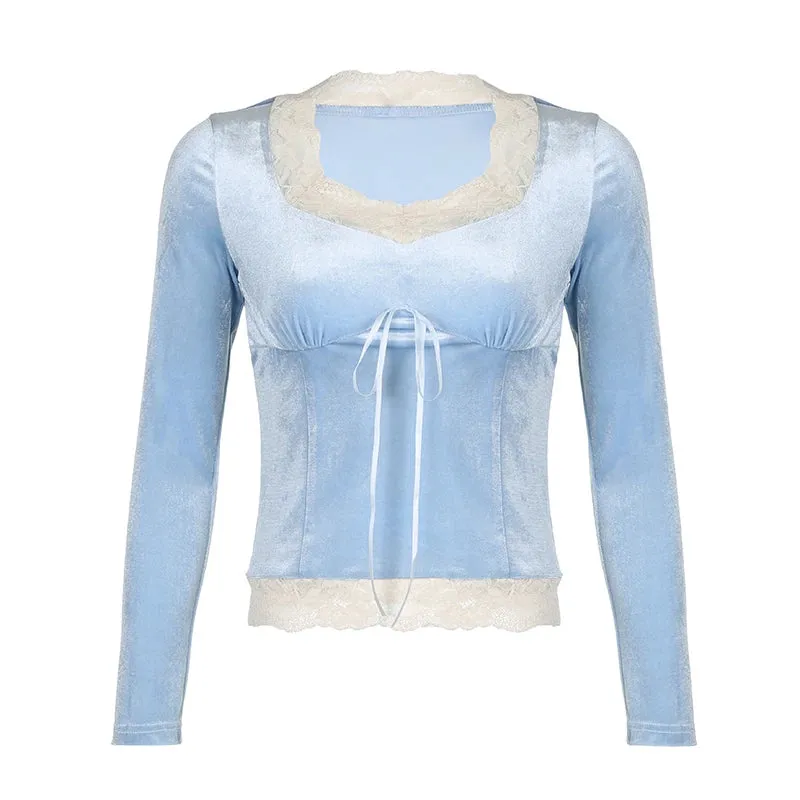 Korean Sweet Blue Velour Autumn T shirt Female Bow Lace Patched Slim Fashion Pullover Coquette Clothes Lolita Top New