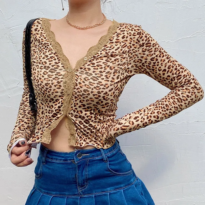 Lace Edge Leopard Cute Deep V Neck Slim Long Sleeve Cropped Cardigan Blouse