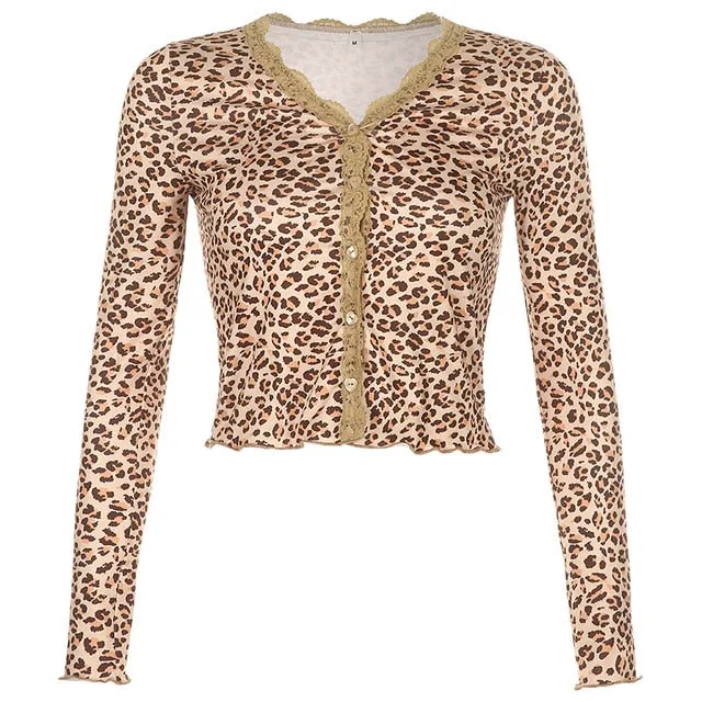 Lace Edge Leopard Cute Deep V Neck Slim Long Sleeve Cropped Cardigan Blouse