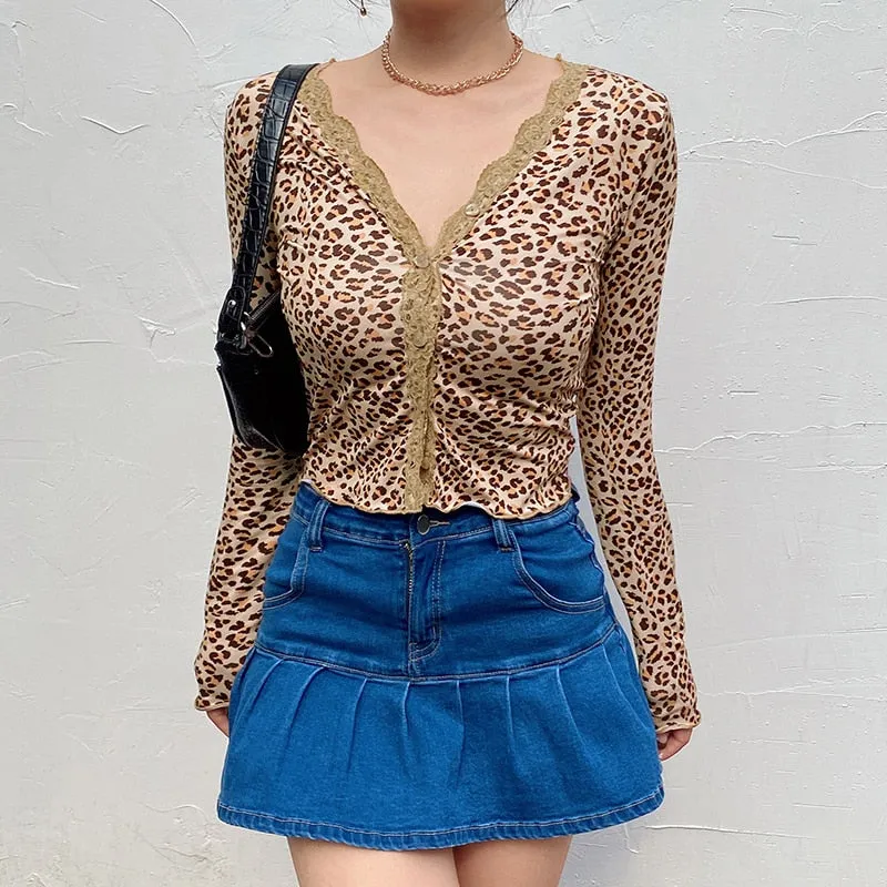 Lace Edge Leopard Cute Deep V Neck Slim Long Sleeve Cropped Cardigan Blouse