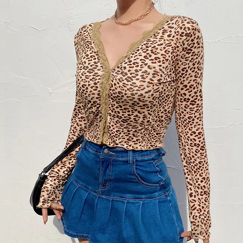 Lace Edge Leopard Cute Deep V Neck Slim Long Sleeve Cropped Cardigan Blouse