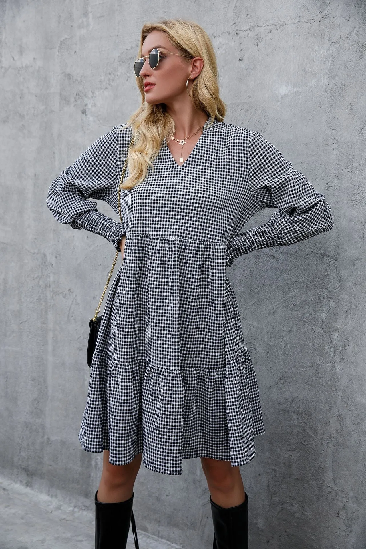 Long Sleeve Big Swing V-neck Dress