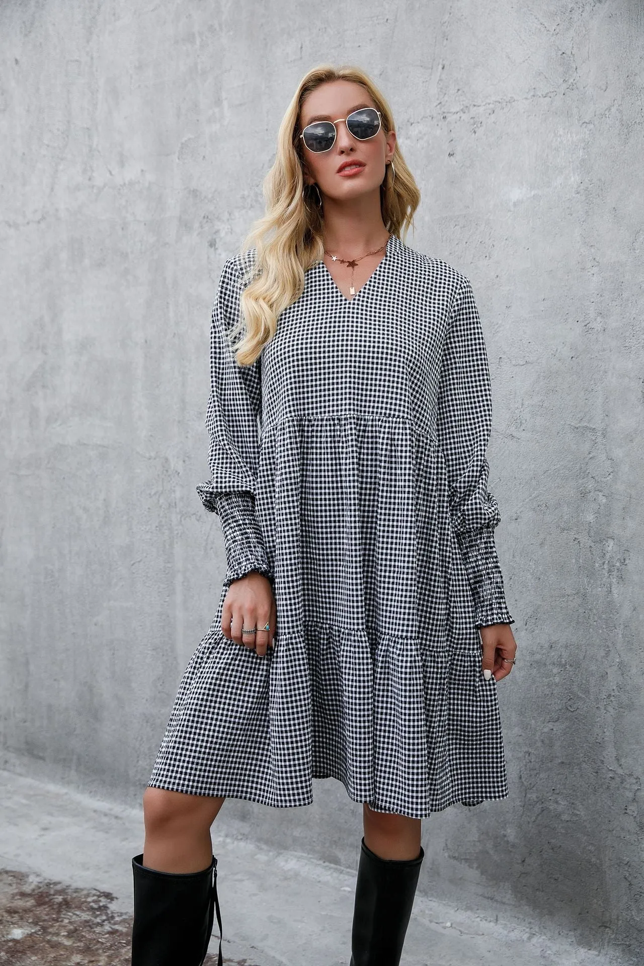 Long Sleeve Big Swing V-neck Dress