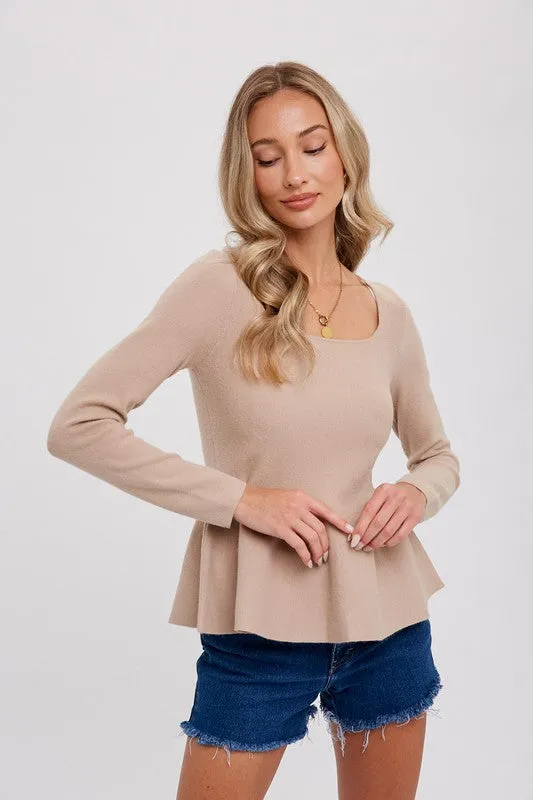 Lou Long Sleeve Peplum Sweater Top Taupe