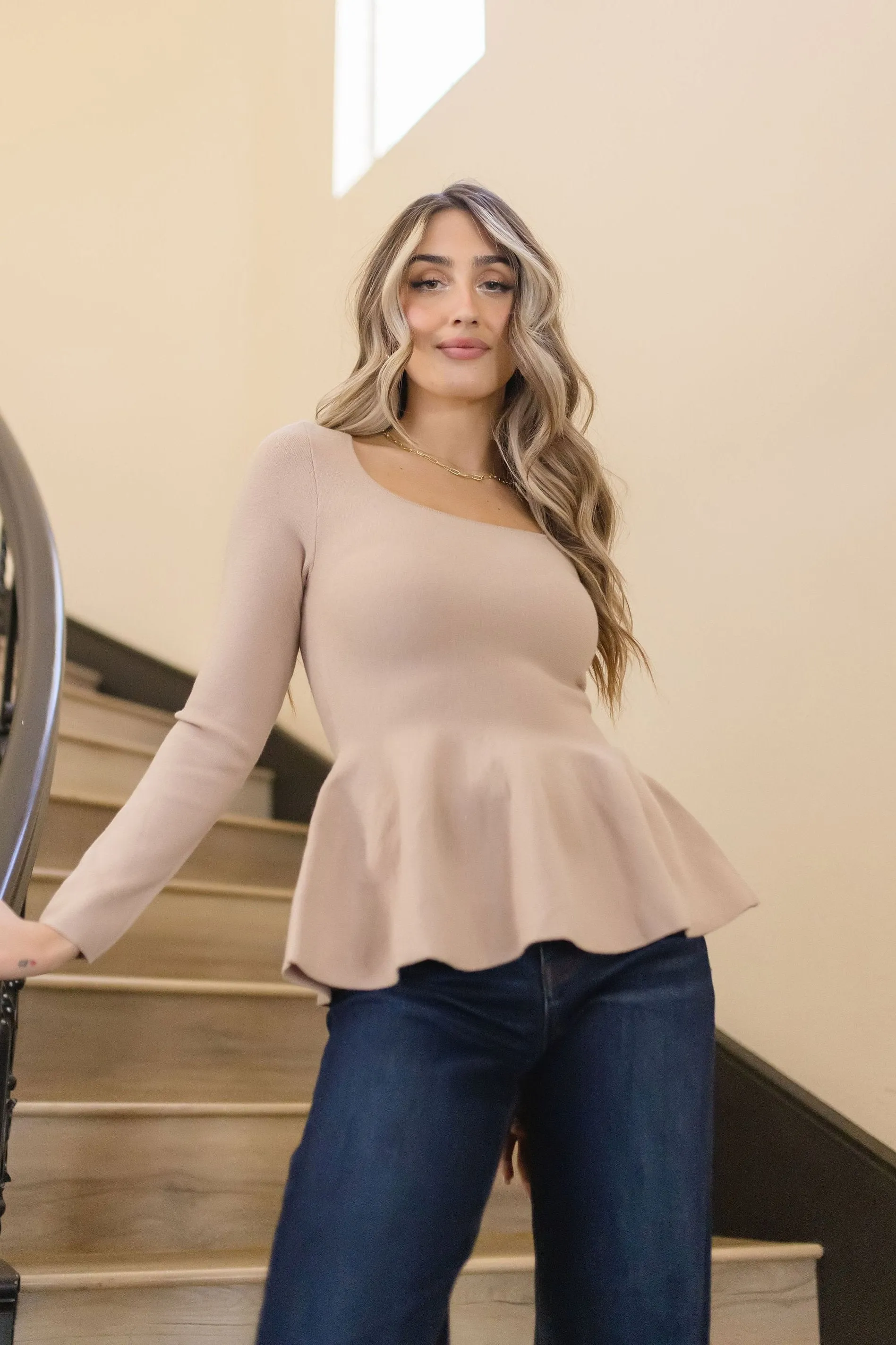 Lou Long Sleeve Peplum Sweater Top Taupe