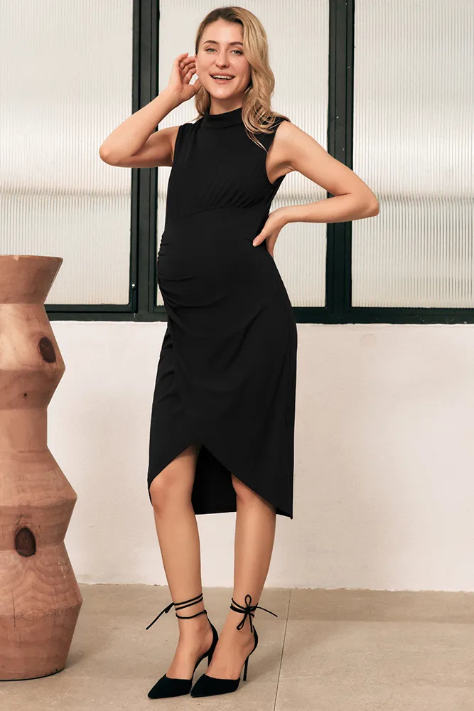 Maacie Maternity Wrap Hem Sleeveless Half High Neck Bodycon Dress