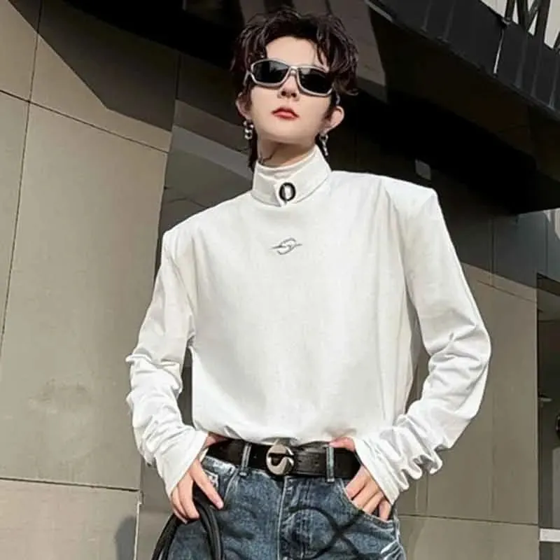 Male  T-shirt Mock Neck Metal Buckle Niche Design Solid Color Men Long Sleeve Tops Men's Clothing Spring Chic 9C4638