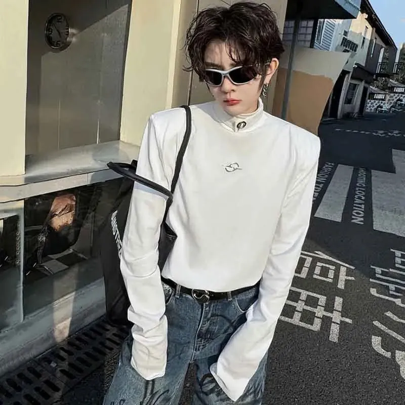 Male  T-shirt Mock Neck Metal Buckle Niche Design Solid Color Men Long Sleeve Tops Men's Clothing Spring Chic 9C4638