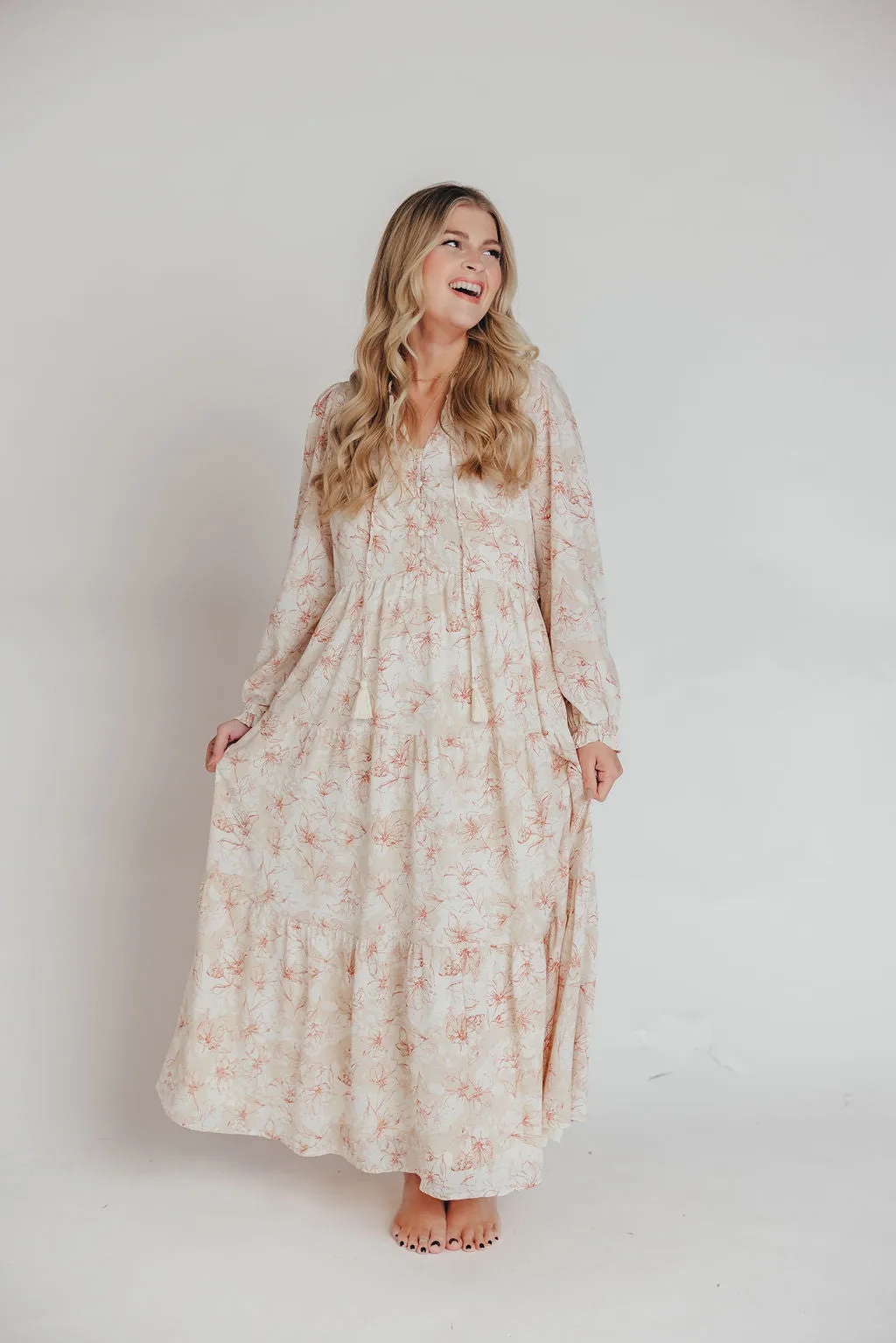 Mallory Long-Sleeved Maxi Dress with Tassel in Terracotta Floral - Bump Friendly - Inclusive Sizing (S-3XL)