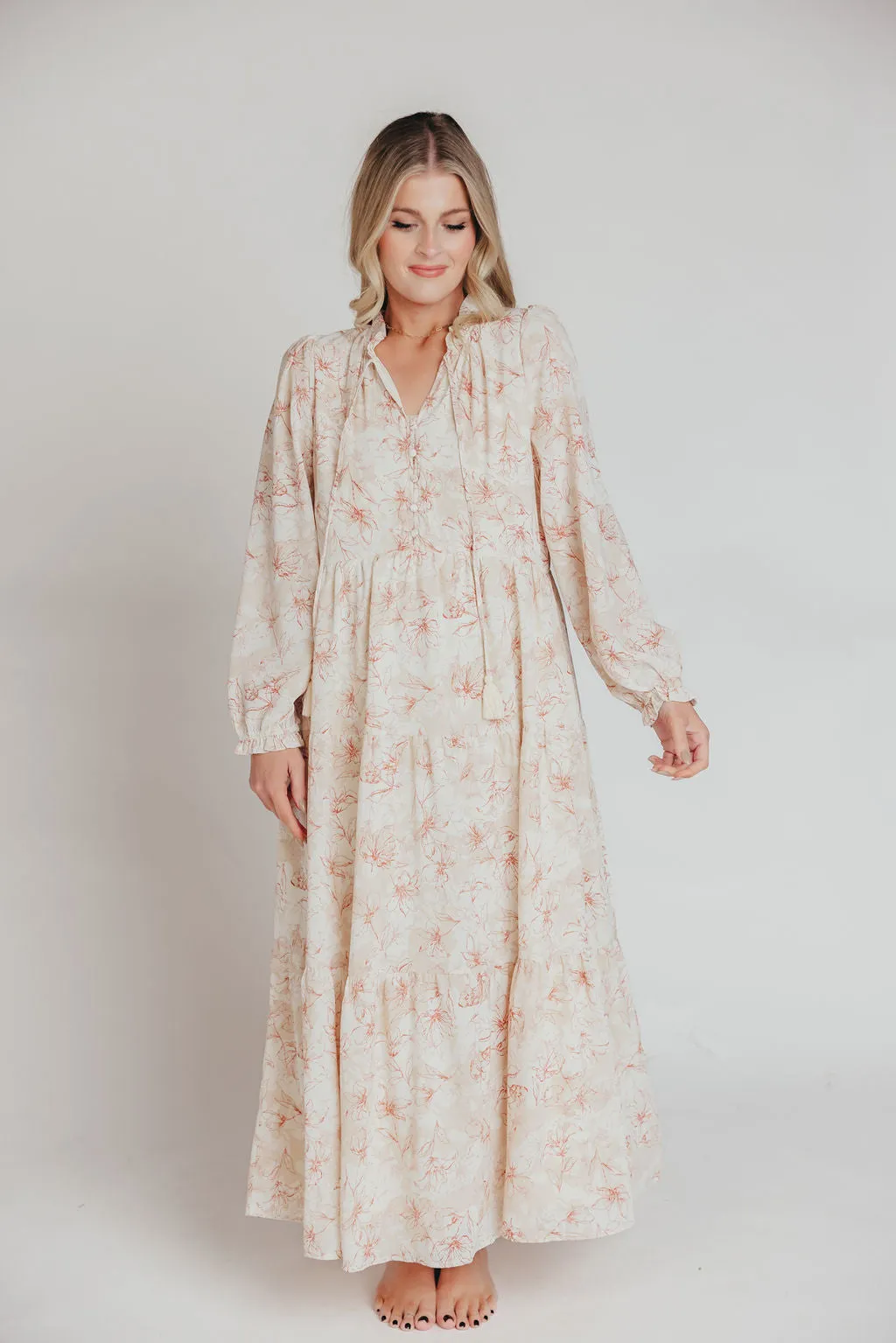 Mallory Long-Sleeved Maxi Dress with Tassel in Terracotta Floral - Bump Friendly - Inclusive Sizing (S-3XL)