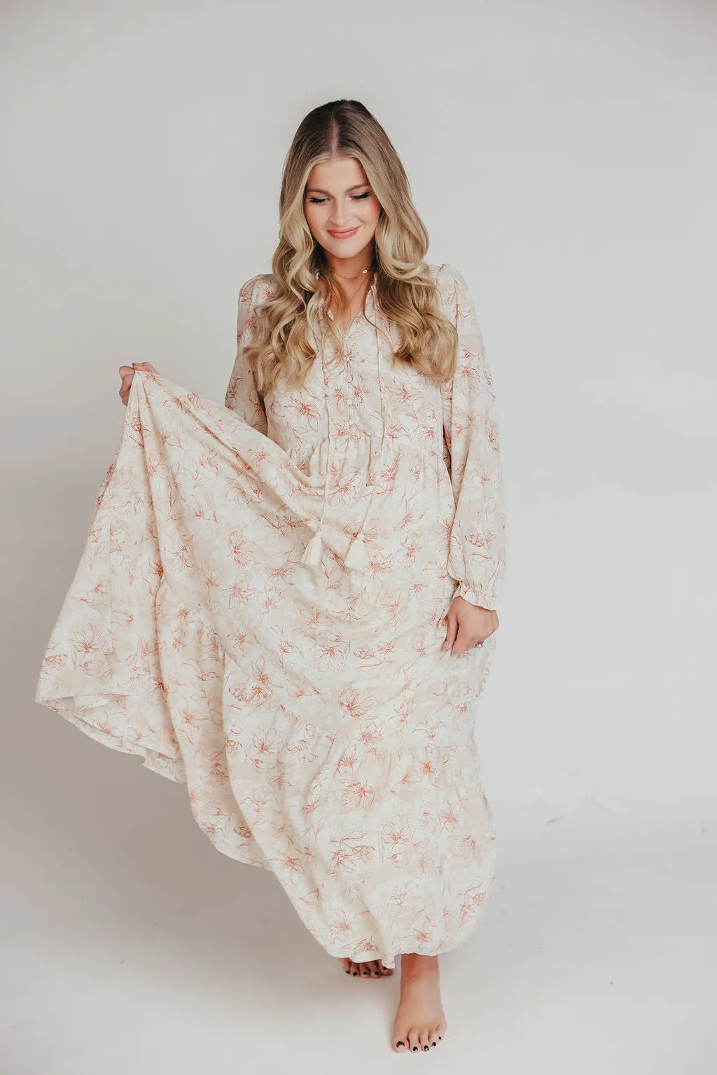 Mallory Long-Sleeved Maxi Dress with Tassel in Terracotta Floral - Bump Friendly - Inclusive Sizing (S-3XL)