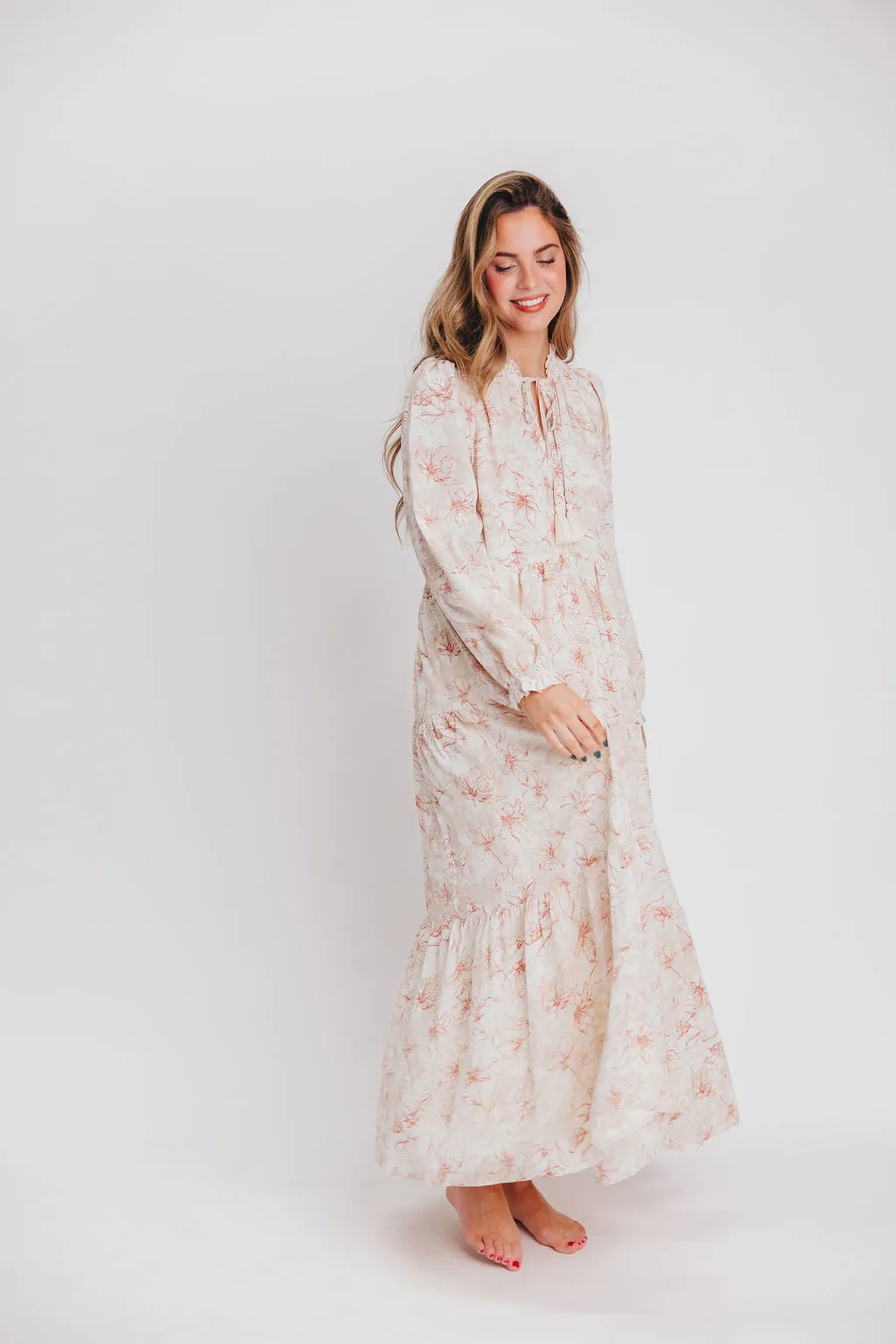 Mallory Long-Sleeved Maxi Dress with Tassel in Terracotta Floral - Bump Friendly - Inclusive Sizing (S-3XL)