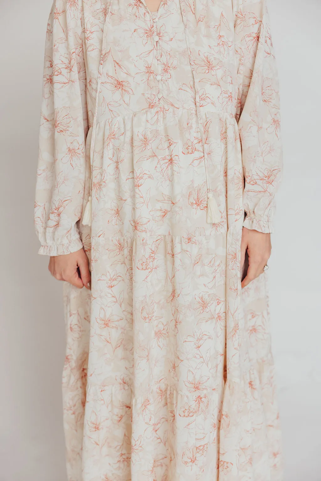 Mallory Long-Sleeved Maxi Dress with Tassel in Terracotta Floral - Bump Friendly - Inclusive Sizing (S-3XL)