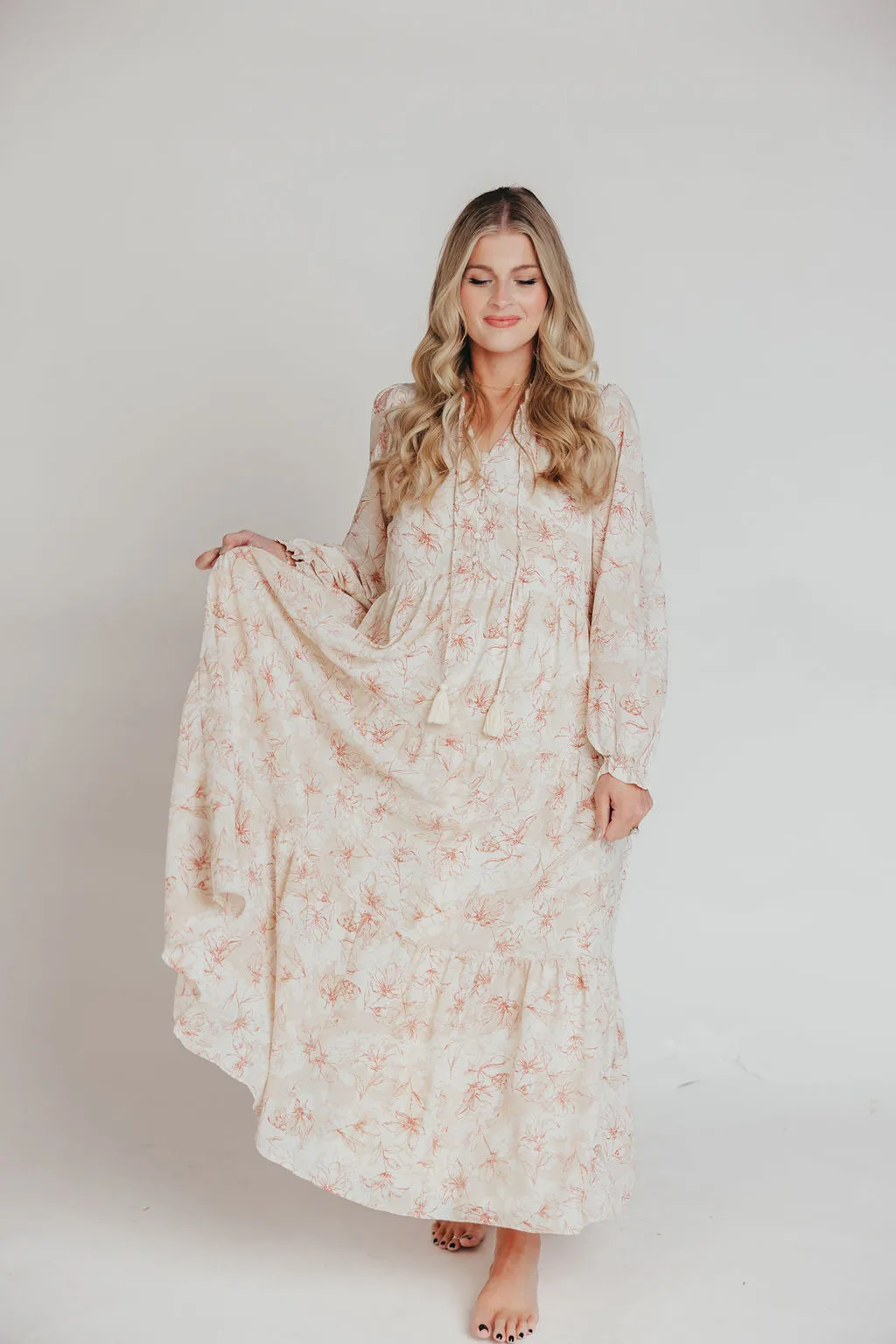 Mallory Long-Sleeved Maxi Dress with Tassel in Terracotta Floral - Bump Friendly - Inclusive Sizing (S-3XL)