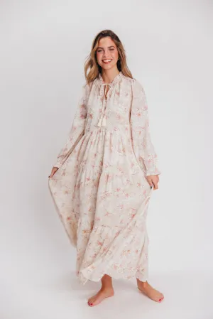 Mallory Long-Sleeved Maxi Dress with Tassel in Terracotta Floral - Bump Friendly - Inclusive Sizing (S-3XL)