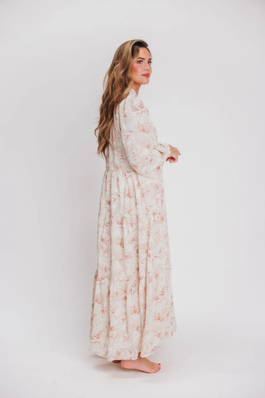 Mallory Long-Sleeved Maxi Dress with Tassel in Terracotta Floral - Bump Friendly - Inclusive Sizing (S-3XL)