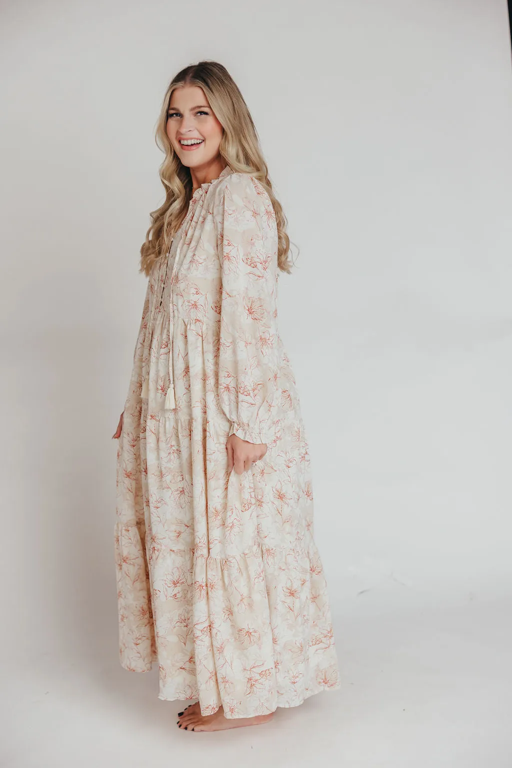 Mallory Long-Sleeved Maxi Dress with Tassel in Terracotta Floral - Bump Friendly - Inclusive Sizing (S-3XL)