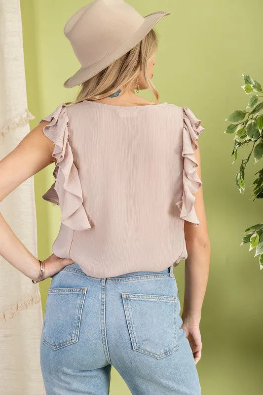 Natural Sleeveless Ruffle V-Neck Blouse