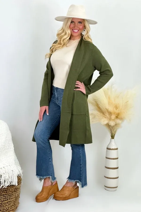 Olive Solid Collared Cardigan