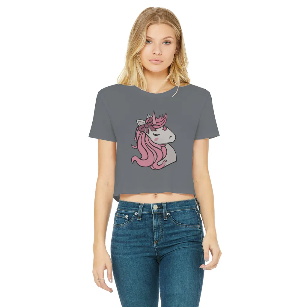 Pink Unicorn Classic Women's Cropped Raw Edge T-Shirt