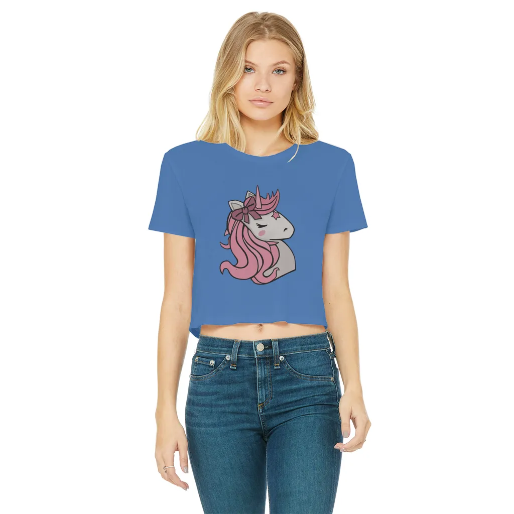 Pink Unicorn Classic Women's Cropped Raw Edge T-Shirt