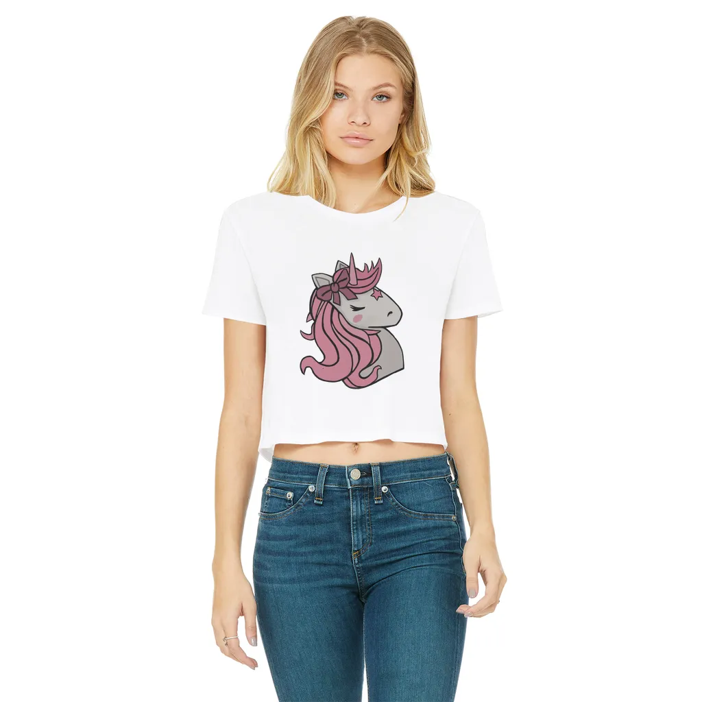 Pink Unicorn Classic Women's Cropped Raw Edge T-Shirt