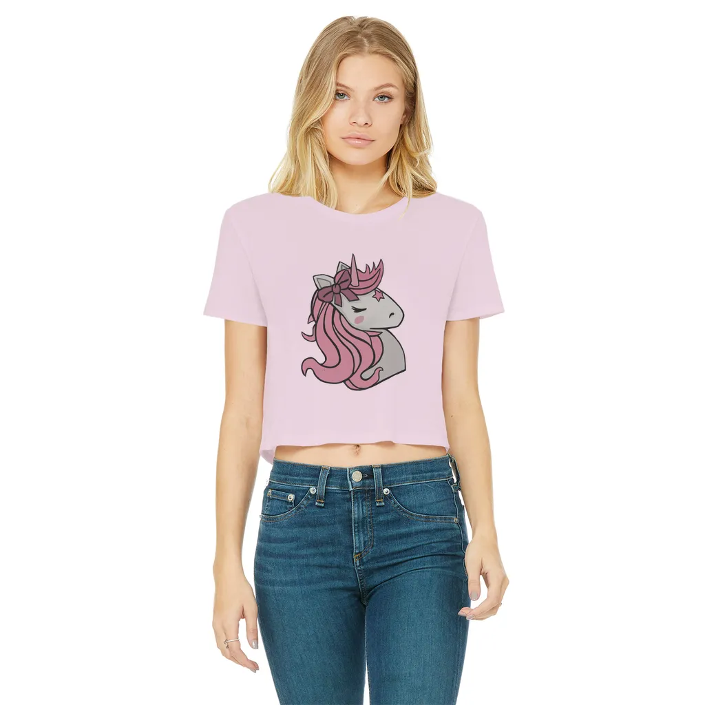 Pink Unicorn Classic Women's Cropped Raw Edge T-Shirt