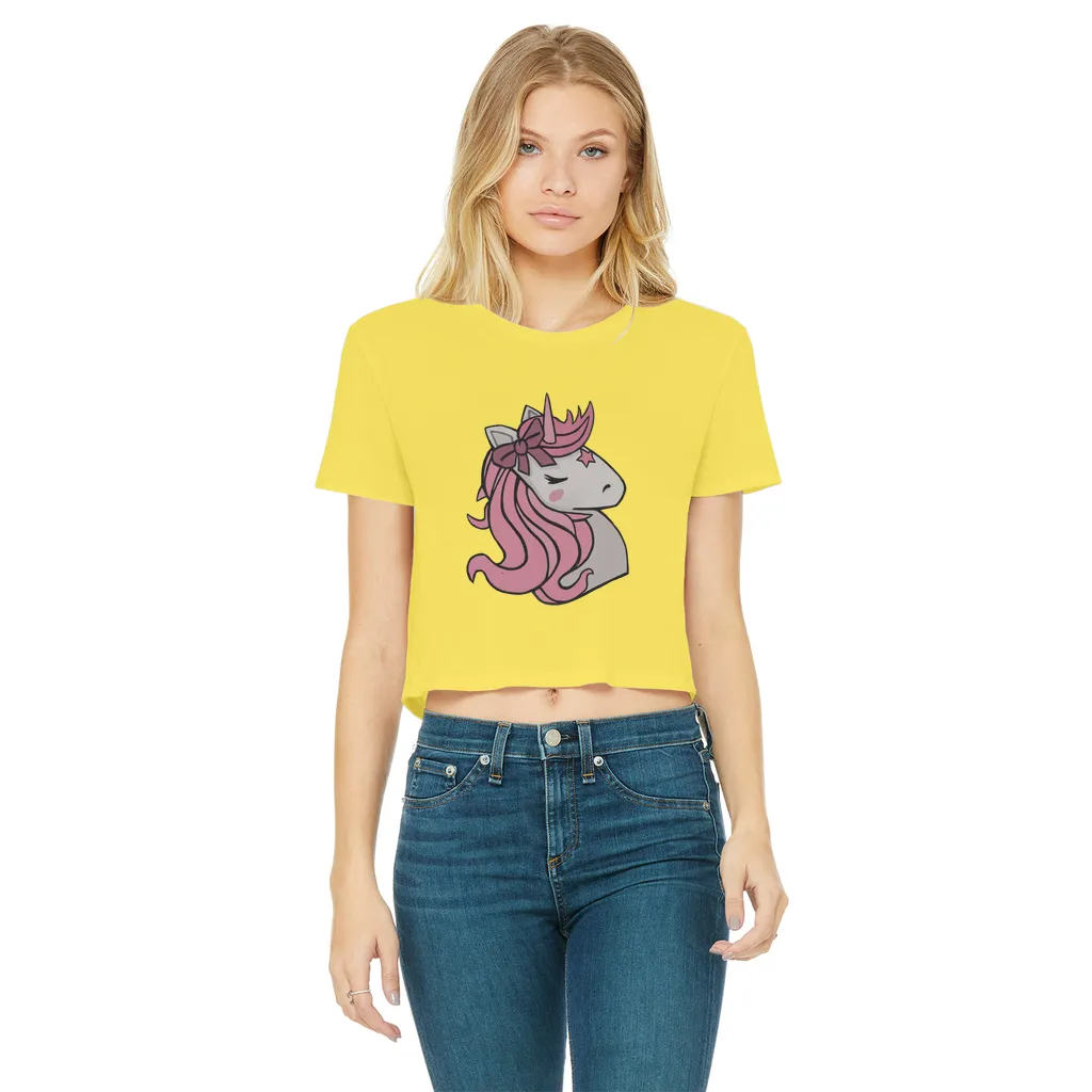 Pink Unicorn Classic Women's Cropped Raw Edge T-Shirt