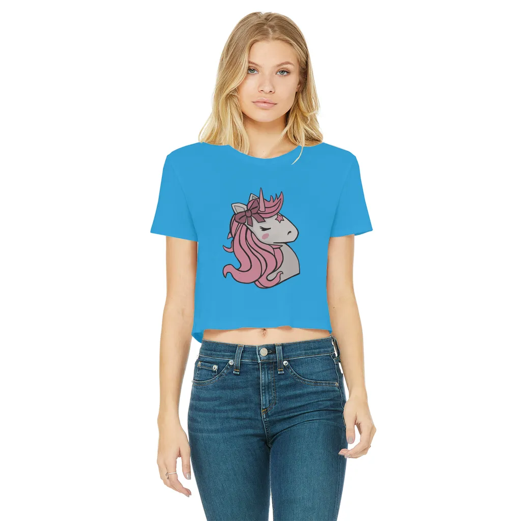 Pink Unicorn Classic Women's Cropped Raw Edge T-Shirt